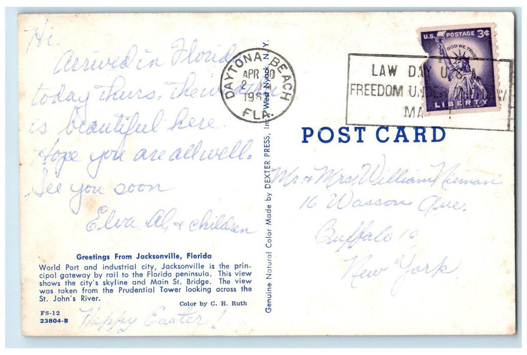 1962 City's Skyline and Main St. Bridge Greetings from Jacksonville FL Postcard