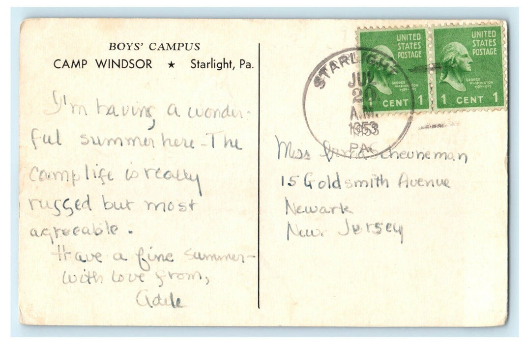 1953 Boys Campus, Camp Windsor, Starlight Pennsylvania PA Postcard