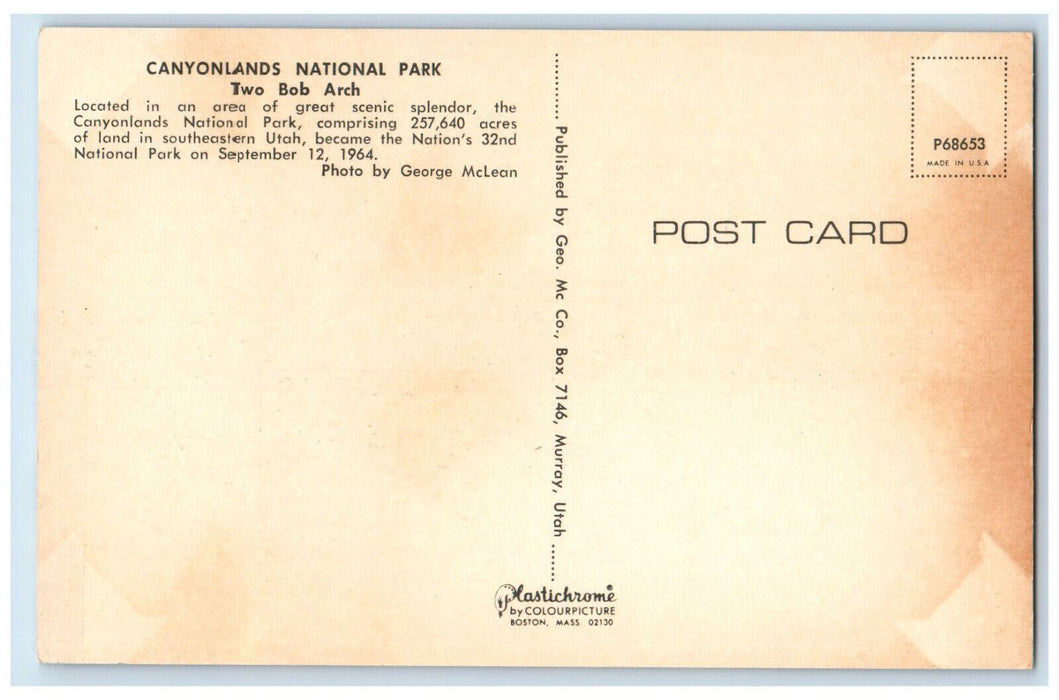 1964 Two Bob Arch, Canyonlands National Park Utah Vintage Unposted Postcard