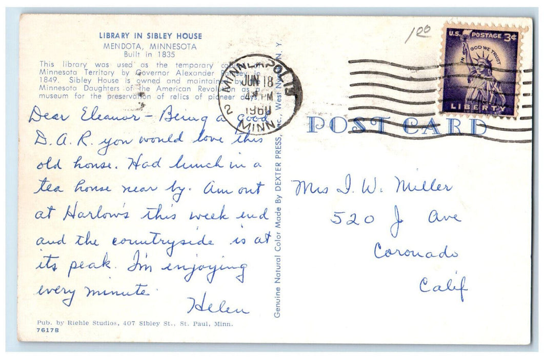 1960 Capitol of Minnesota Territory Library In Sibley House, Mendota MN Postcard