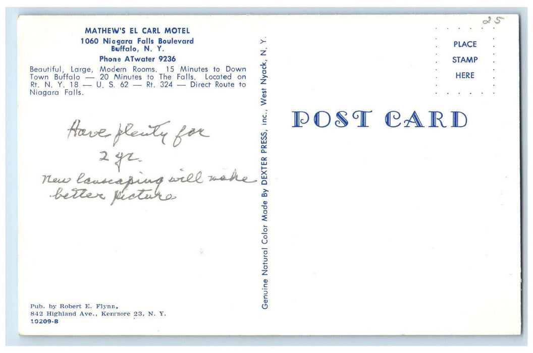 c1960's Mathew's El Carl Motel Niagara Falls Blvd. Buffalo NY Vintage Postcard
