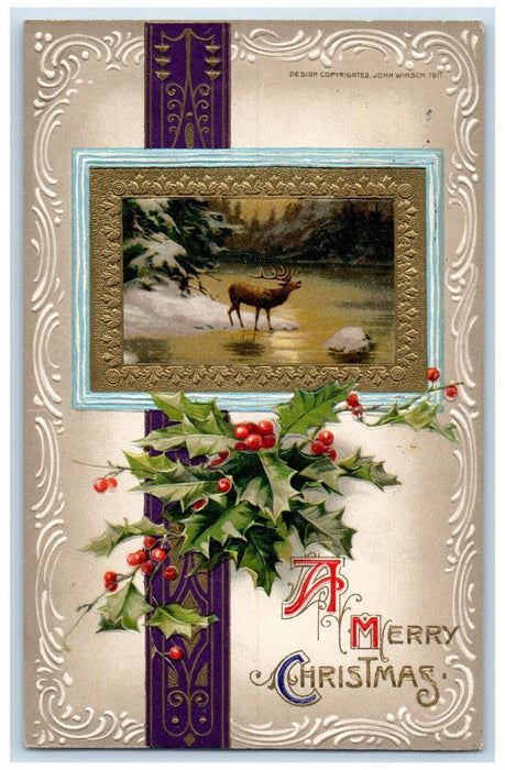 1914 Christmas Holly Berries Reindeer Winter John Winsch Artist Signed Postcard