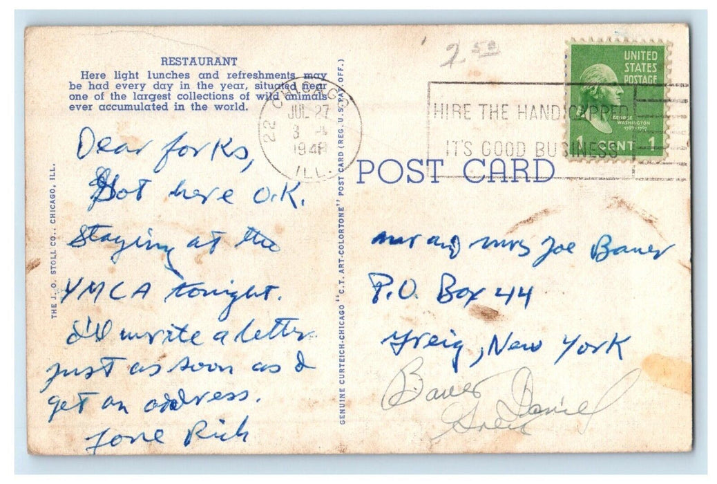 1948 Restaurant Chicago Zoological Park Brookfield Illinois IL Vintage Postcard