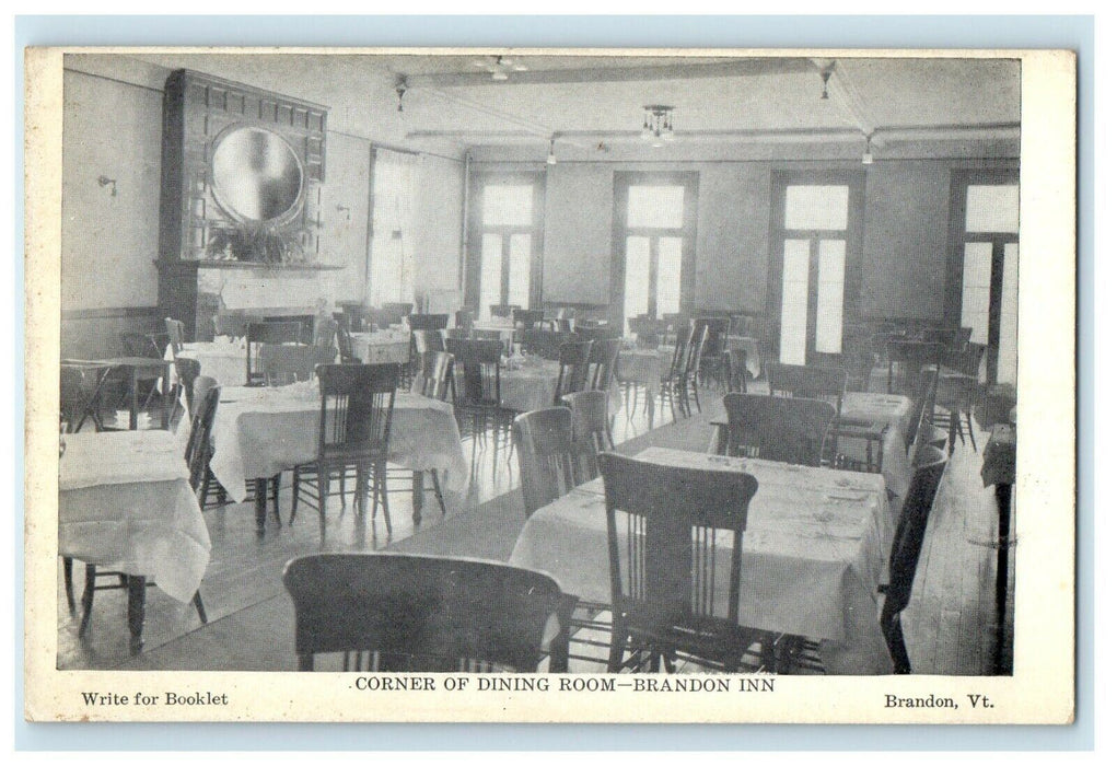 c1912 Corner of Dining Room, Brandon Inn, Brandon Vermont VT Postcard