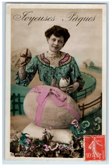 c1910's Easter Pretty Woman Giant Egg With Ribbon Flowers RPPC Photo Postcard