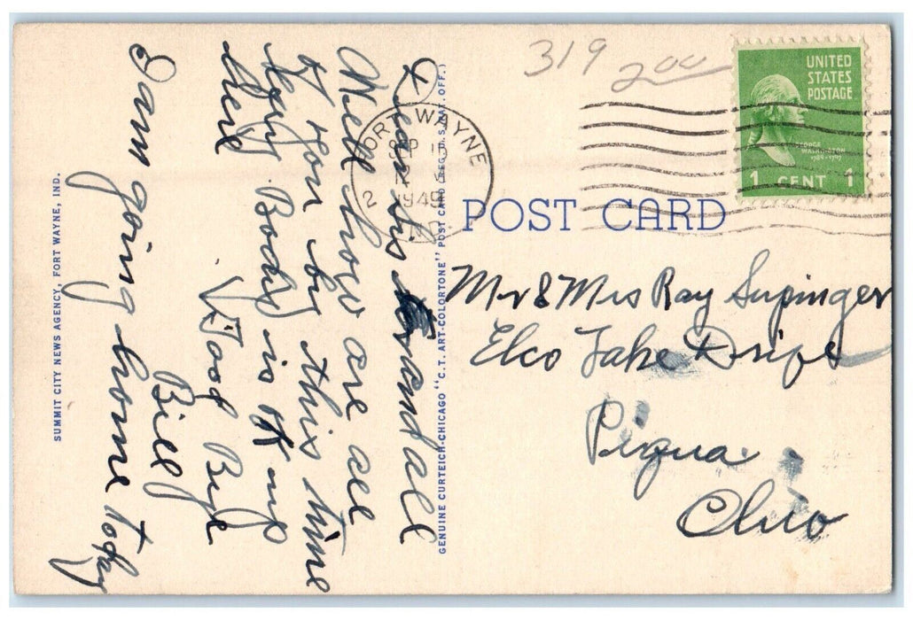 1949 Calhoun Street Fort Wayne's Main Business Thorofare Night Cars IN Postcard