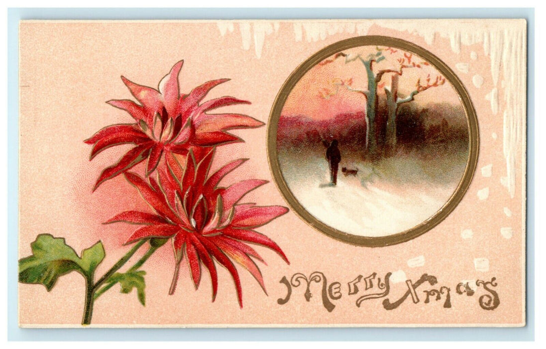 Antique 1910's Christmas Poinsettia Flower Dog Xmas Embossed Postcard
