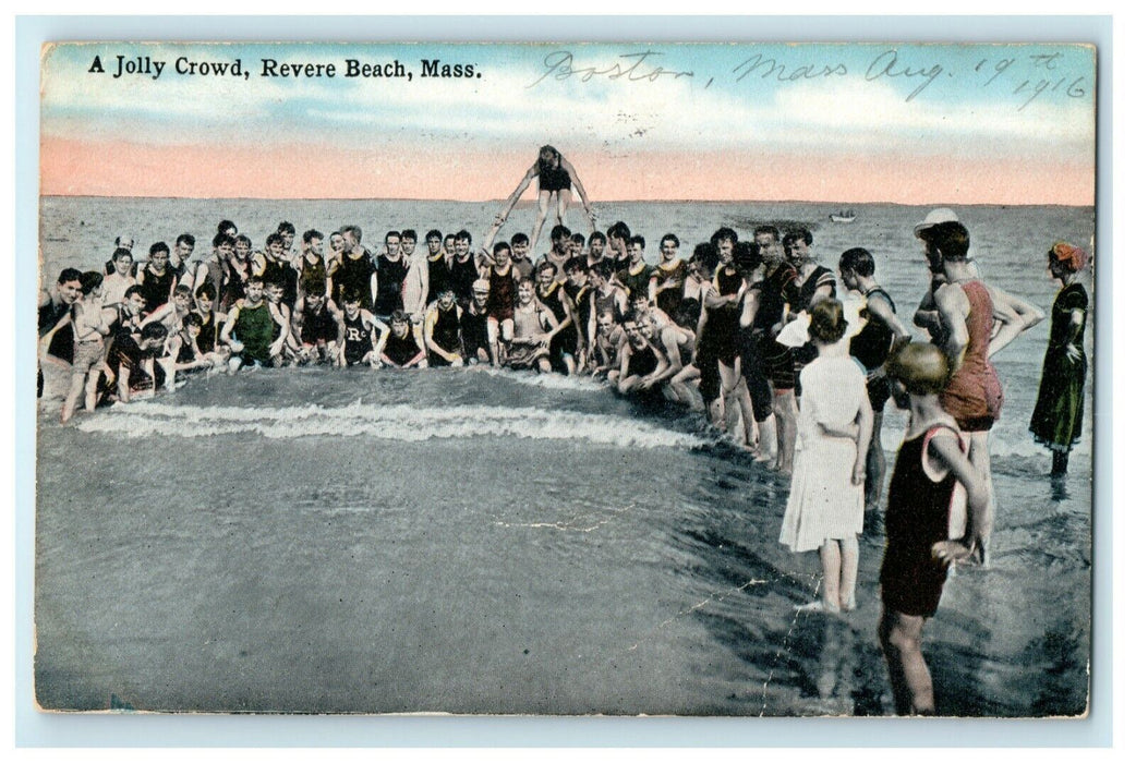 1916 Jolly Crowd Revere Beach Massachusetts MA Posted Postcard