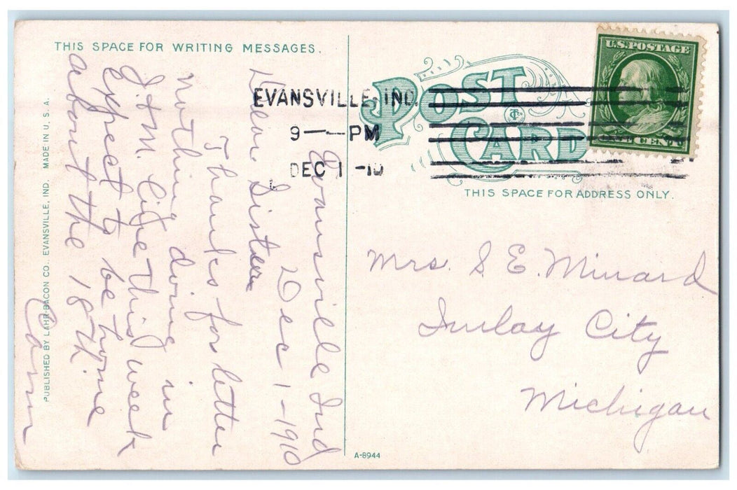 1910 View Of Boat Club Evansville Indiana IN Posted Antique Postcard