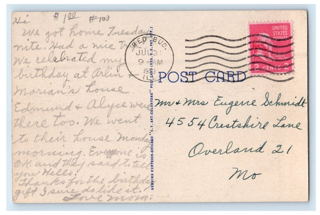 1953 Greetings From Red Bud Illinois IL, Road View Posted Vintage Postcard