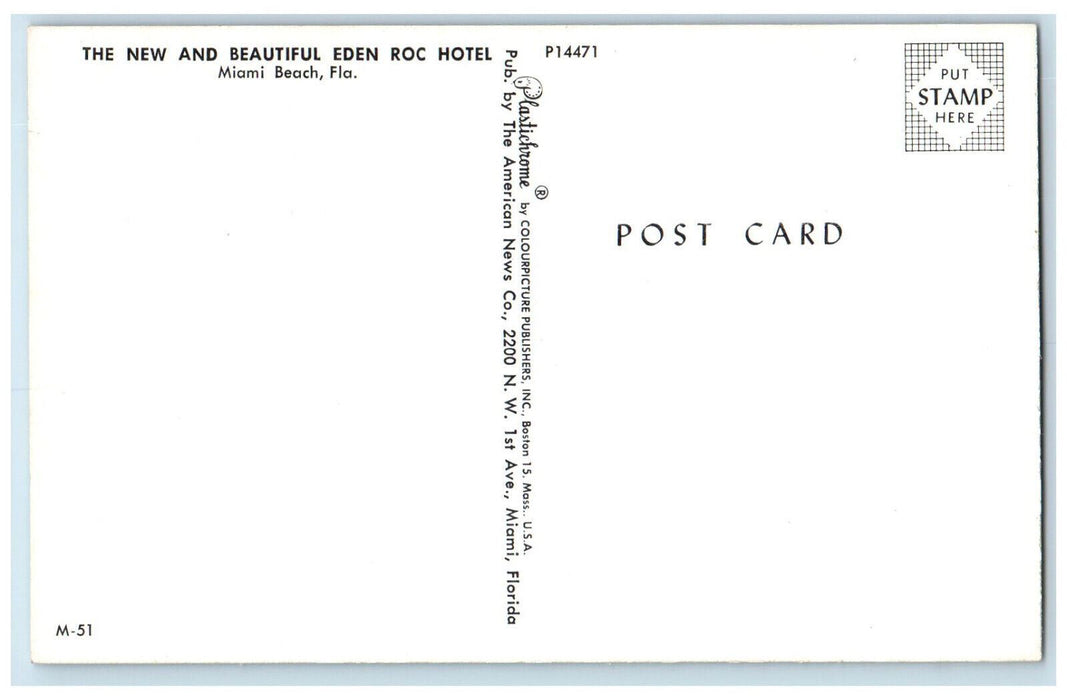 c1960's The New and Beautiful Eden Roc Hotel Miami Beach Florida FL Postcard