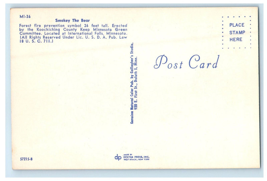 c1950s Big and Small Bear, Smokey Says Keep Minnesota Green, MN Postcard