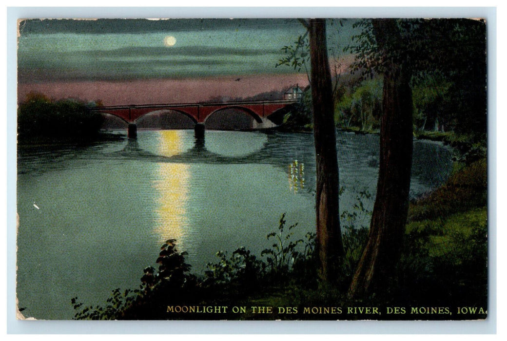 1912 Moonlight on Des Moines River, Des Moines Iowa IA Posted Postcard
