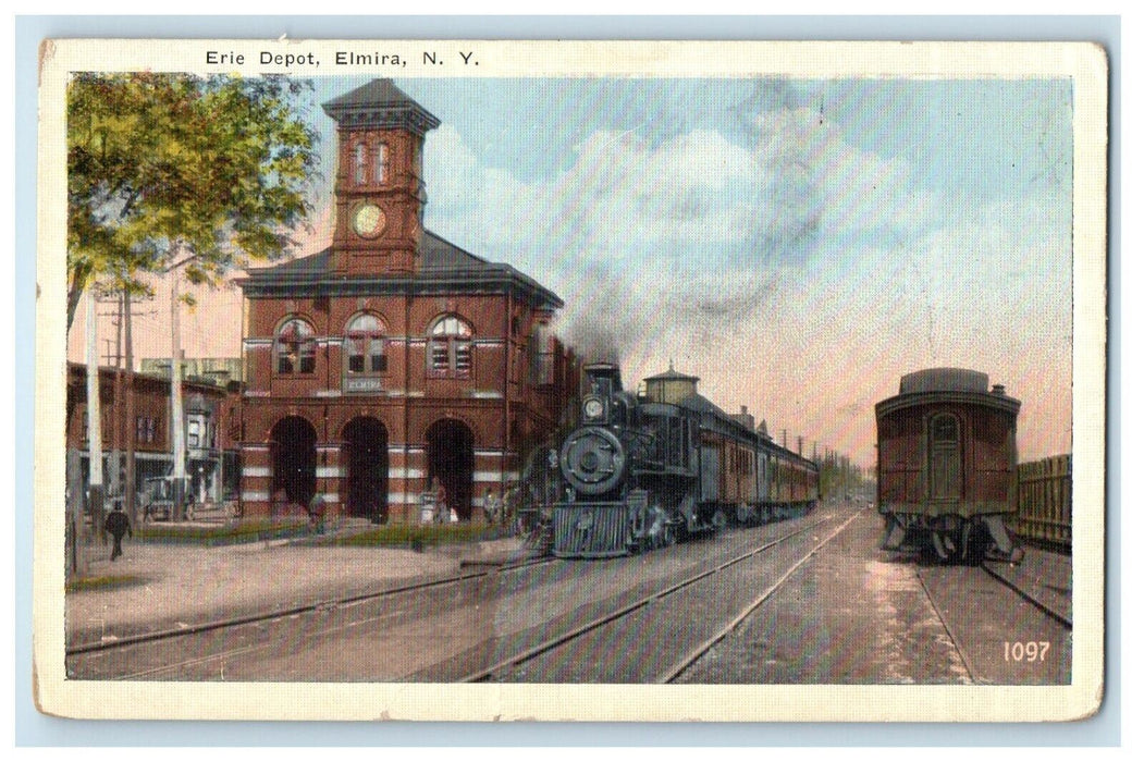 Erie Depot Station Locomotive Train Railroad Elmira New York NY Postcard