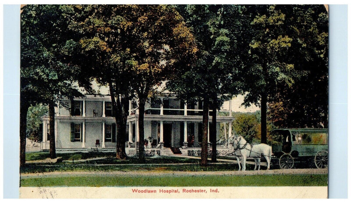 1908 Woodlawn Hospital Building Horse Carriage Rochester Indiana IN Postcard