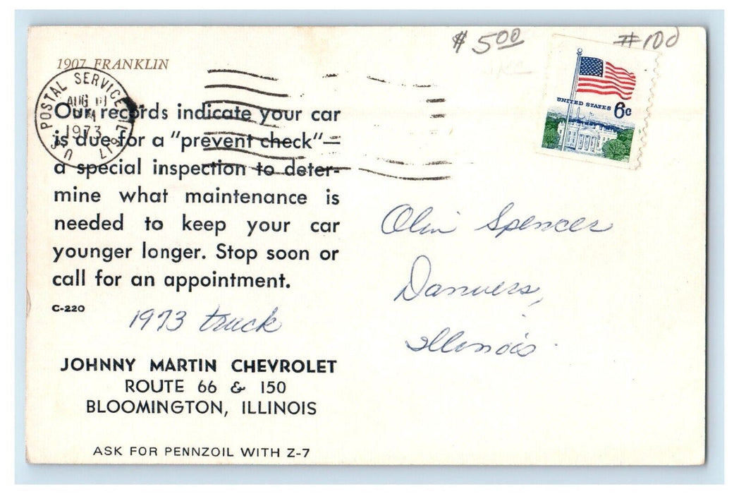 1973 Franklin Johnny Martin Chevrolet Bloomington IL Advertising Postcard