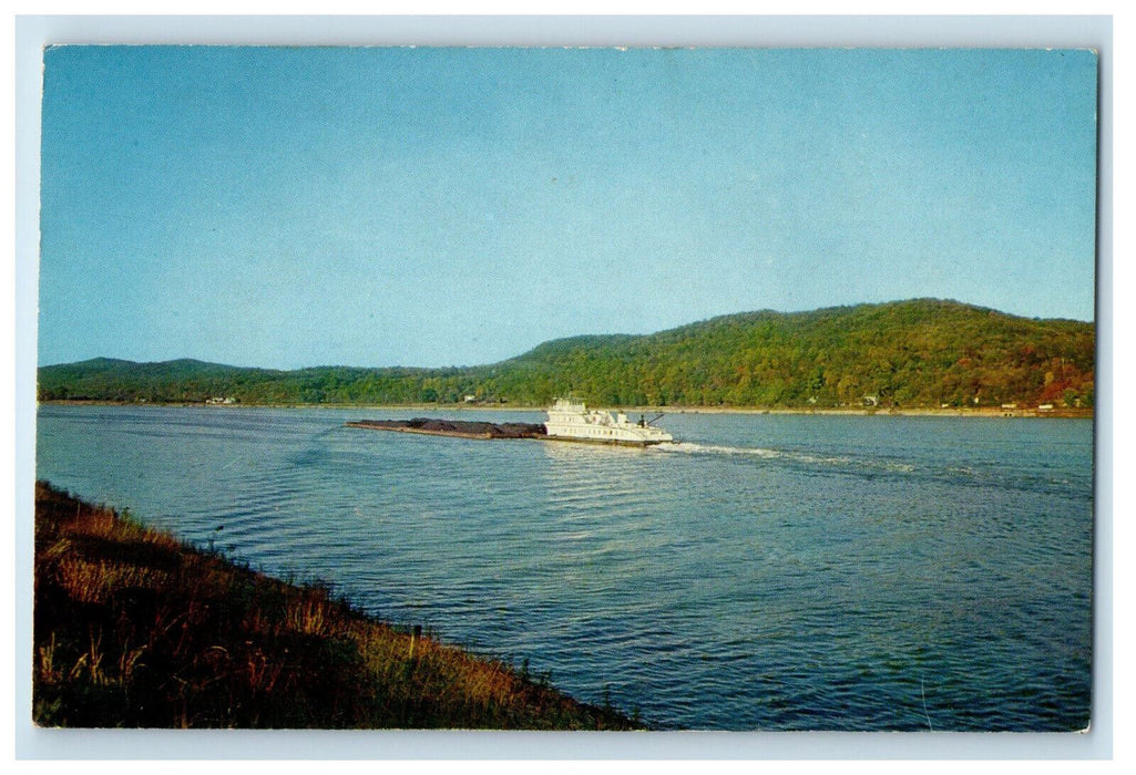 c1950s Scene of the Ohio River and Coal Barge Tug, OH Vintage Postcard