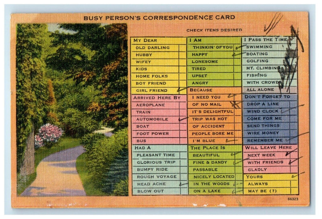 1946 Busy Person's Correspondence Card Checklist Road Leesburg IN Postcard