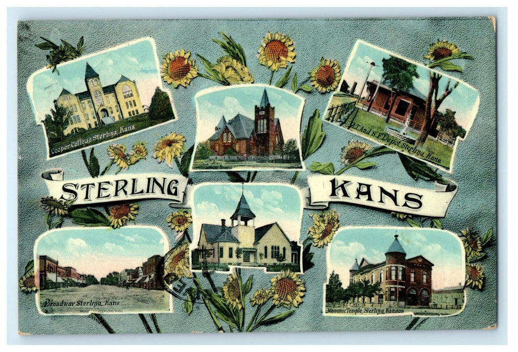 1910 View of Cooper College and Broadway Sterling, Kansas KS Postcard