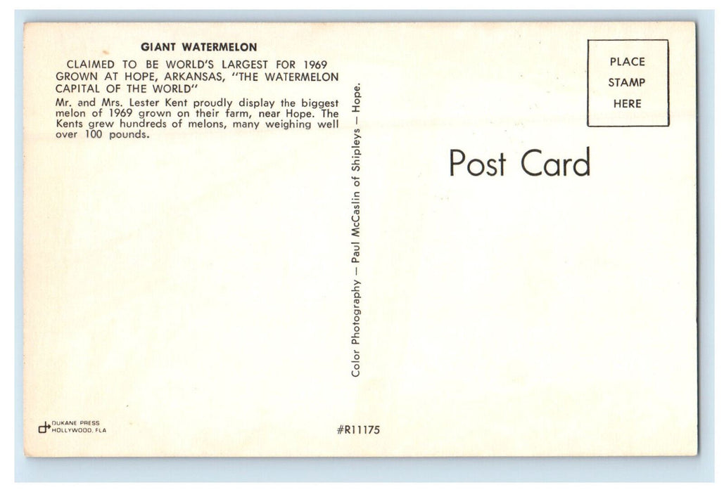 1969 World's Largest Giant Watermelon Grown at Hope Arkansas AR Postcard