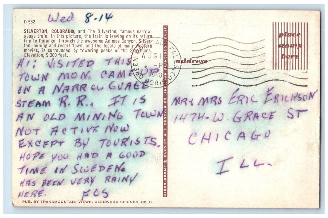 1968 Narrow Gauge Train Trip to Durango, Silverton Colorado CO Postcard