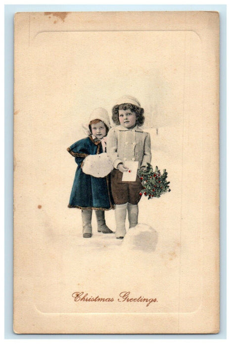 c1910's Christmas Greetings Boy With Flowers And Letter Postcard