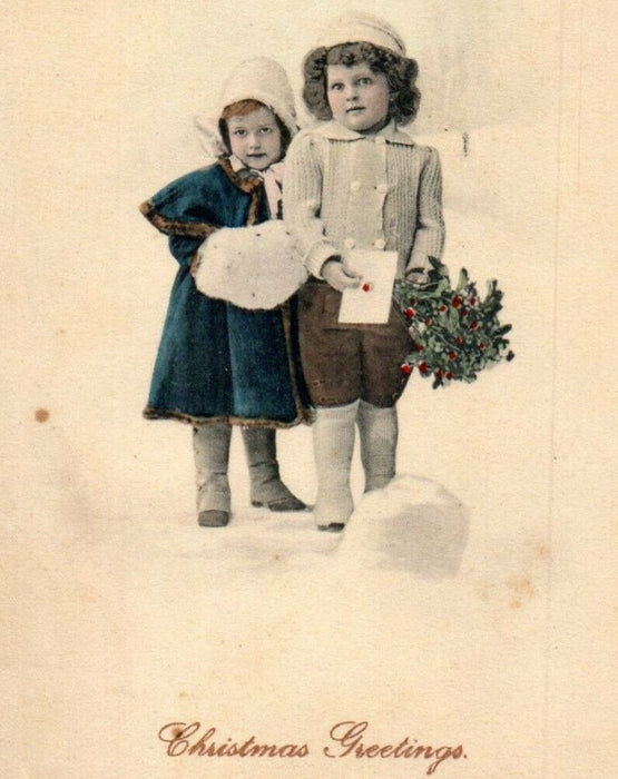 c1910's Christmas Greetings Boy With Flowers And Letter Postcard