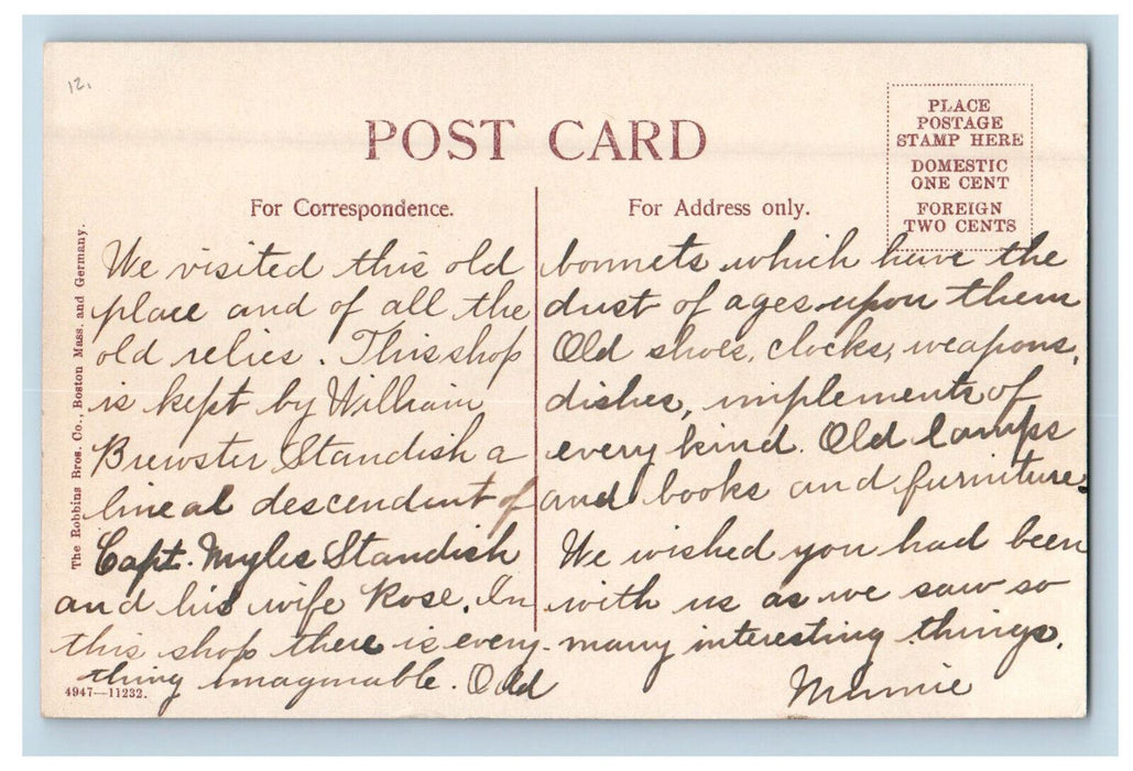 c1910 Old Curiosity Shop, Plymouth Massachusetts MA Posted Antique Postcard