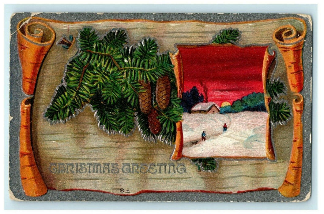 Antique 1910's Christmas Pinecones Scroll Cottage Nash Embossed Postcard