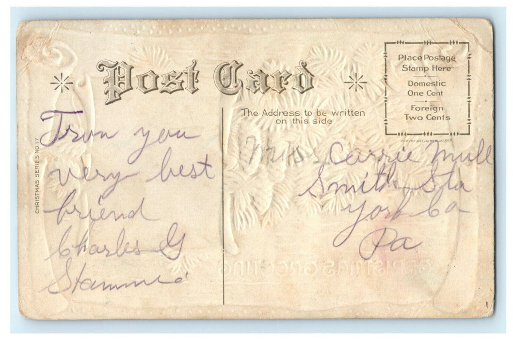 Antique 1910's Christmas Pinecones Scroll Cottage Nash Embossed Postcard