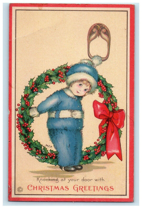 c1910's Christmas Greeting Cute Girl With Holiday Wreaths Holly Berries Postcard