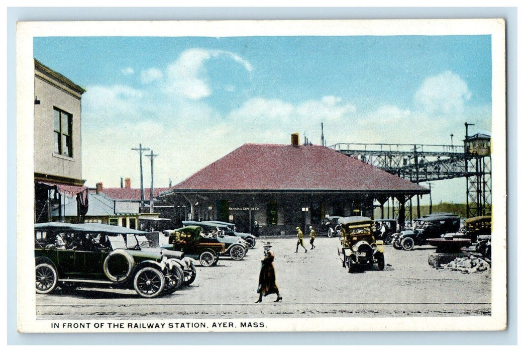 c1910's In Front Of Railway Station Depot Cars Ayer Massachusetts MA Postcard