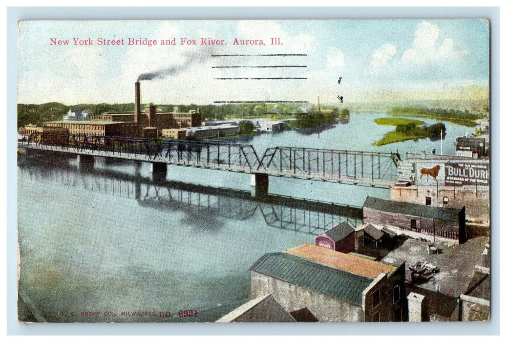 1912 New York Street Bridge And Fox River Aurora Illinois IL Antique Postcard