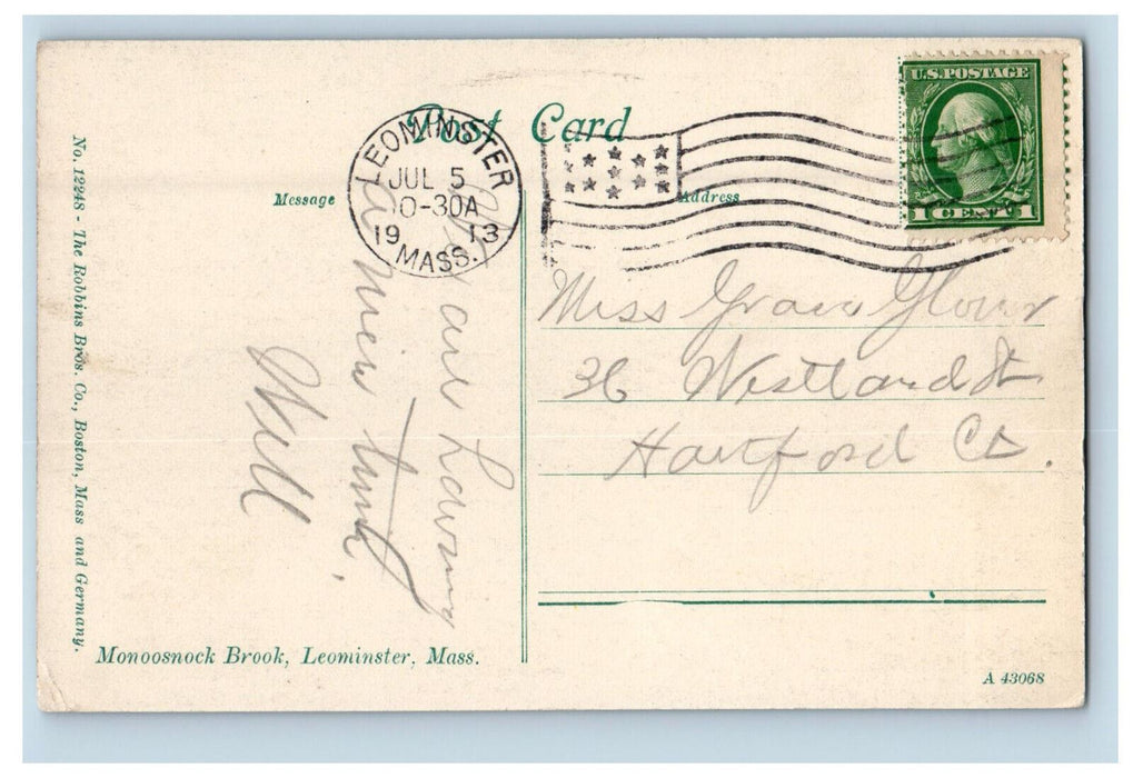 1913 Monoosnock Brook, Leominster Massachusetts MA Posted Postcard