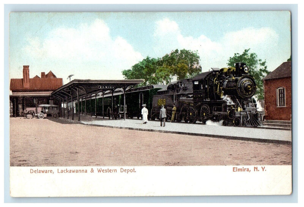 Elmira NY, Delaware Lackawanna & Western Depot Station Locomotive Train Postcard