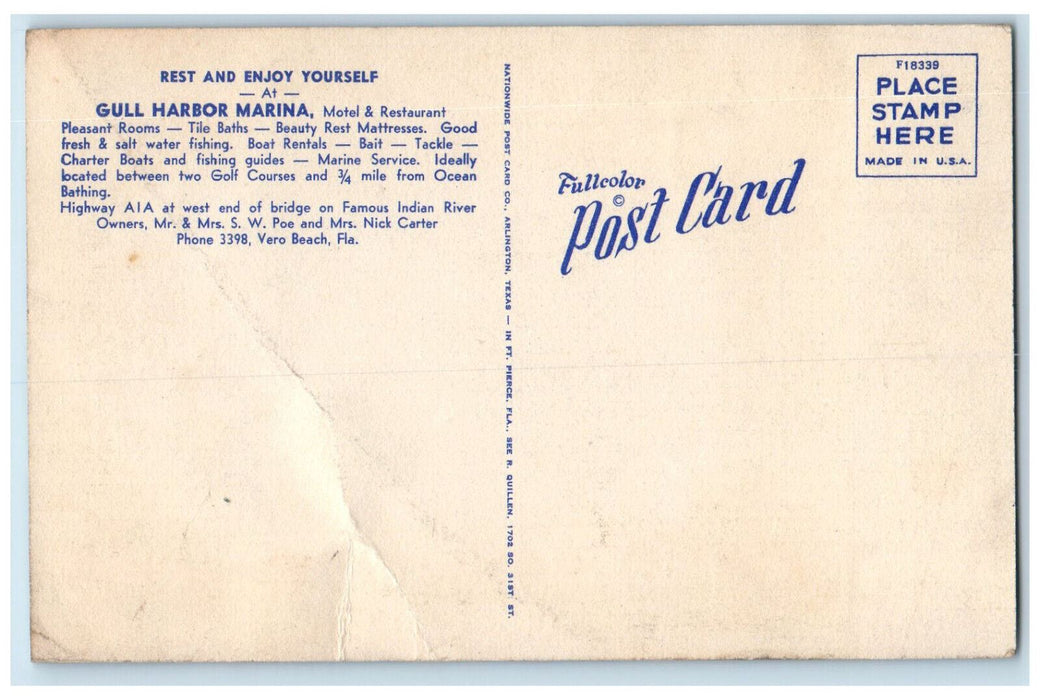 c1950's Multiview, Gull Harbor Marina Motel & Restaurant Vera Beach FL Postcard