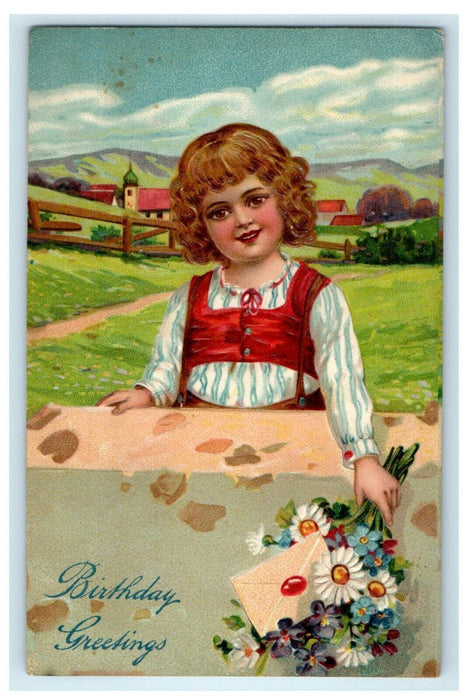 1911 Birthday Greetings Little Girl Curly Hair With Flowers And Letter Postcard