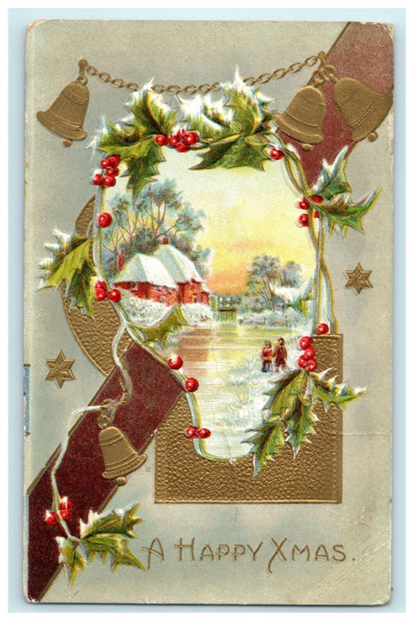 Antique 1910's Christmas Meeker Bells Gold Cottage Holly Embossed Postcard