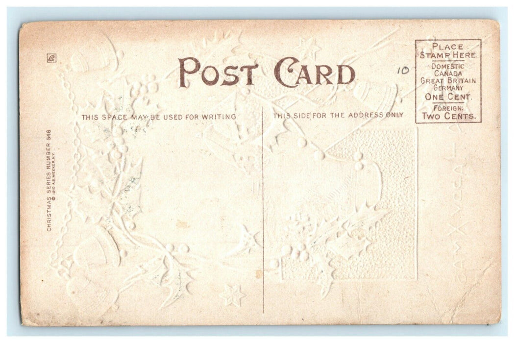 Antique 1910's Christmas Meeker Bells Gold Cottage Holly Embossed Postcard