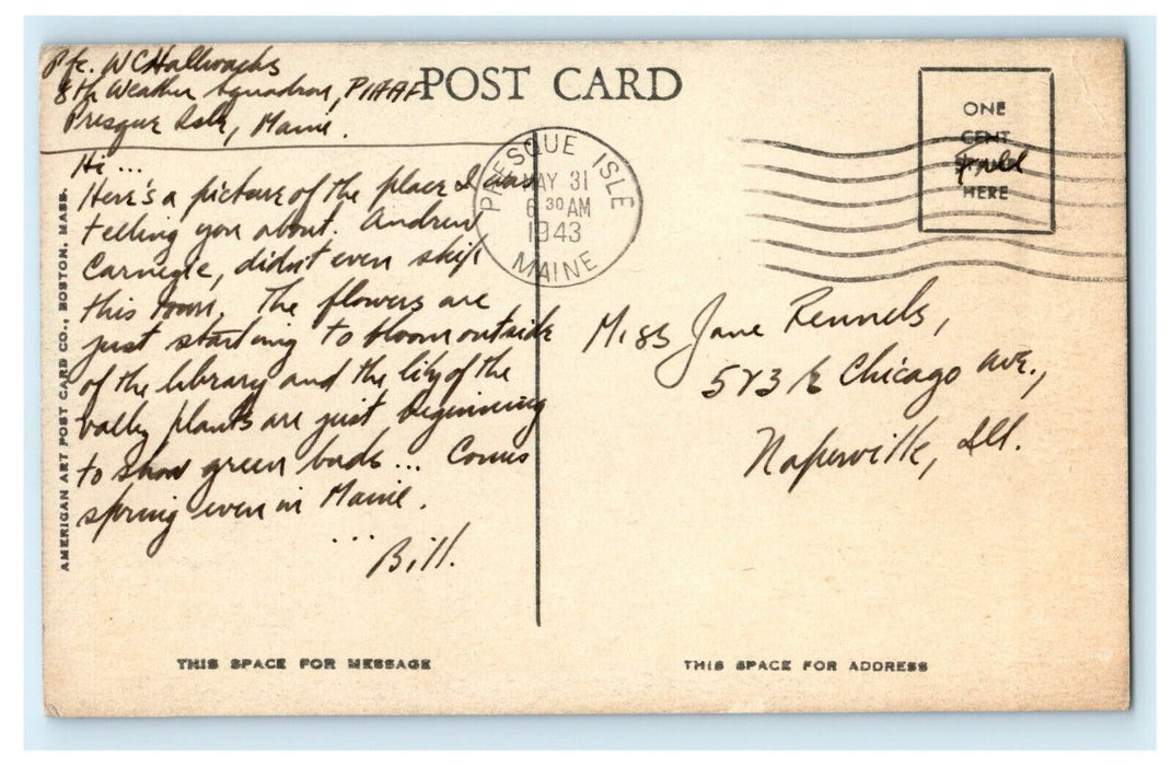 1943 Presque Isle Public Library, Presque Isle, Maine ME Vintage Postcard
