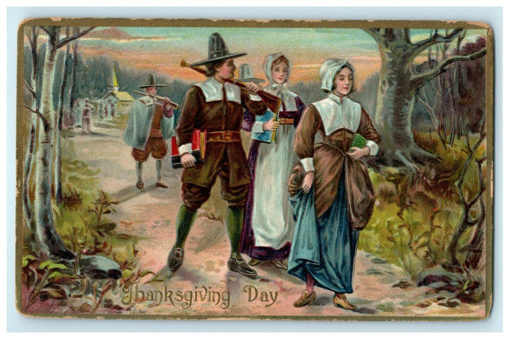 1909 Thanksgiving Day Pilgrims Rifle Church Germantown Station Embossed Postcard