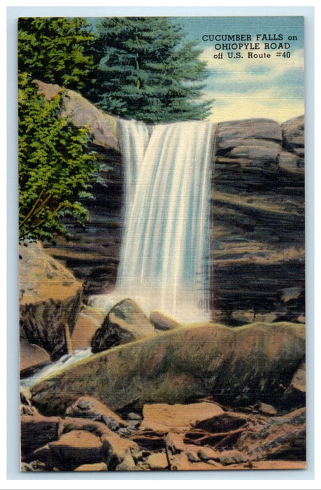 c1940s Cucumber Falls on Ohiopyle Road US Route 40 Pennsylvania PA Postcard