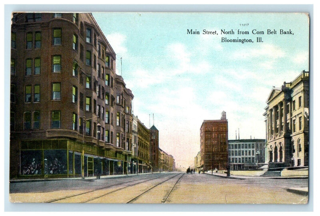 1914 Main Street North From Corn Belt Bank Bloomington Illinois IL Postcard