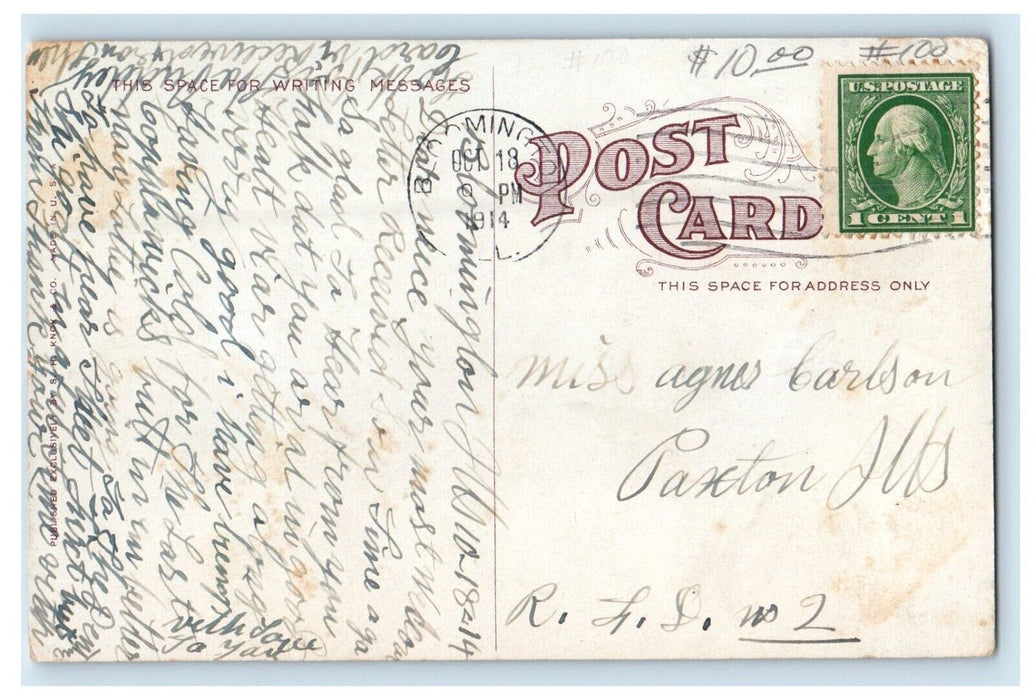 1914 Main Street North From Corn Belt Bank Bloomington Illinois IL Postcard