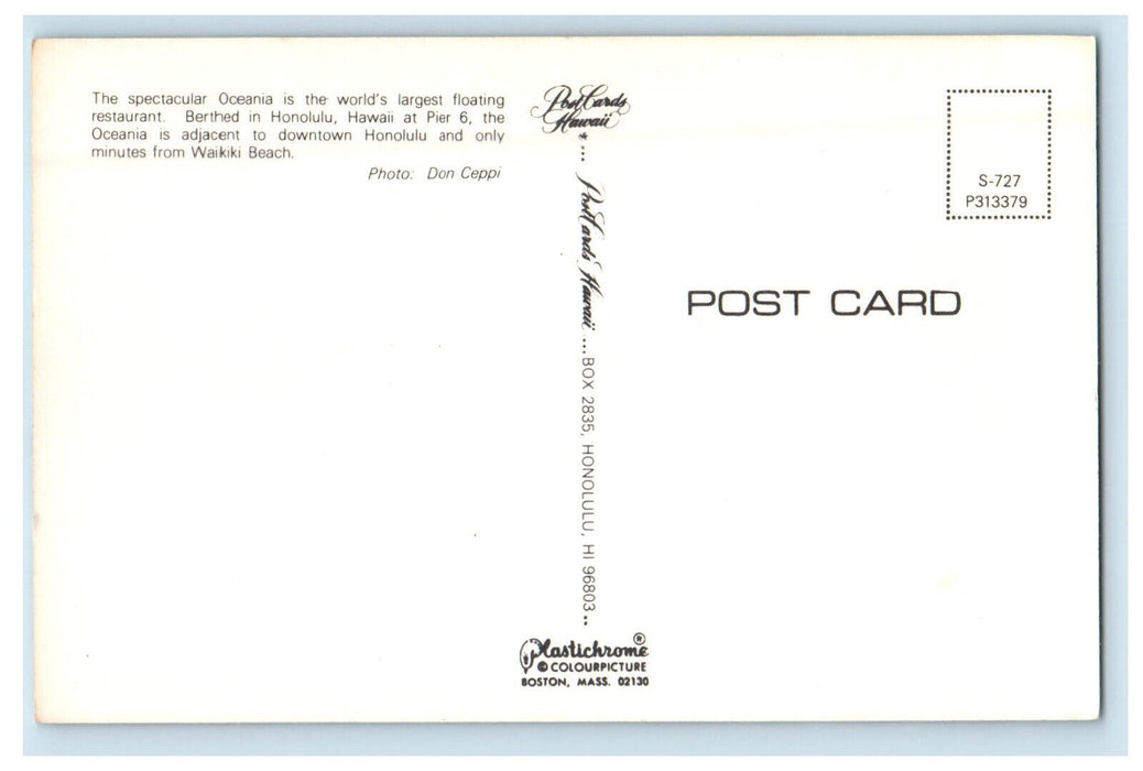 c1960s Spectacular Oceania Largest Floating Restaurant Honolulu HI Postcard