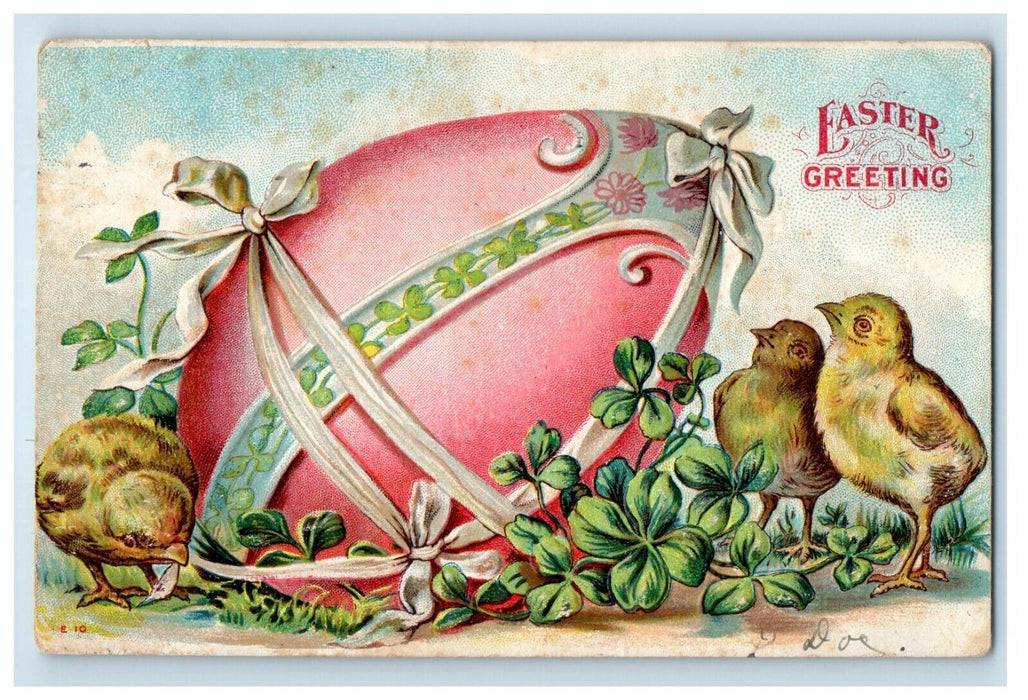 1907 Easter Greetings GiantPink Egg Chicks Shamrock Embossed Antique Postcard