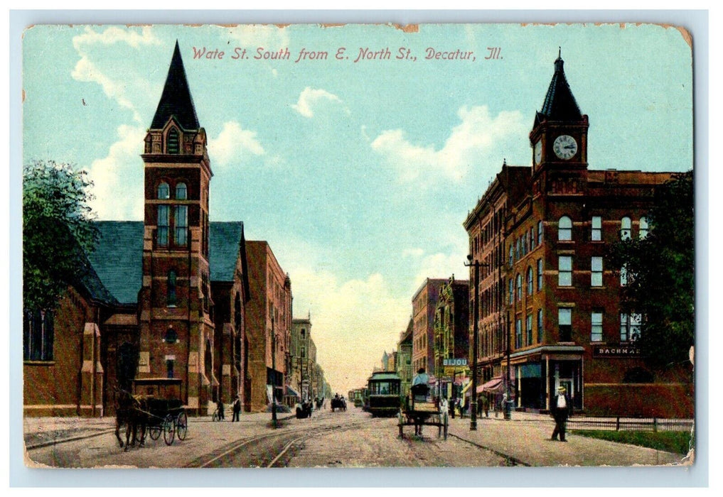 c1910's Wate St. South From E. North Street Trolley Decatur Illinois IL Postcard