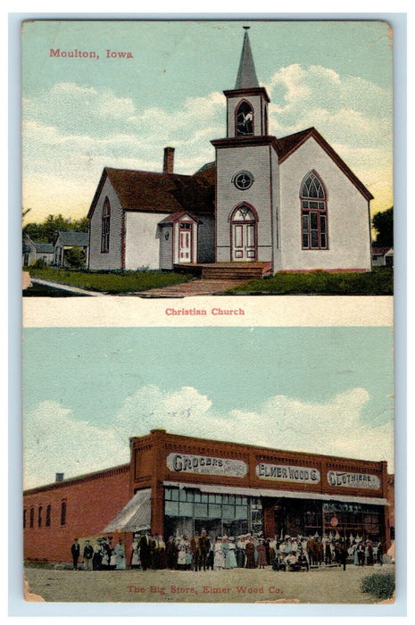 1920 Christian Church And The Big Store Elmer Wood Co. Moulton Iowa IA Postcard