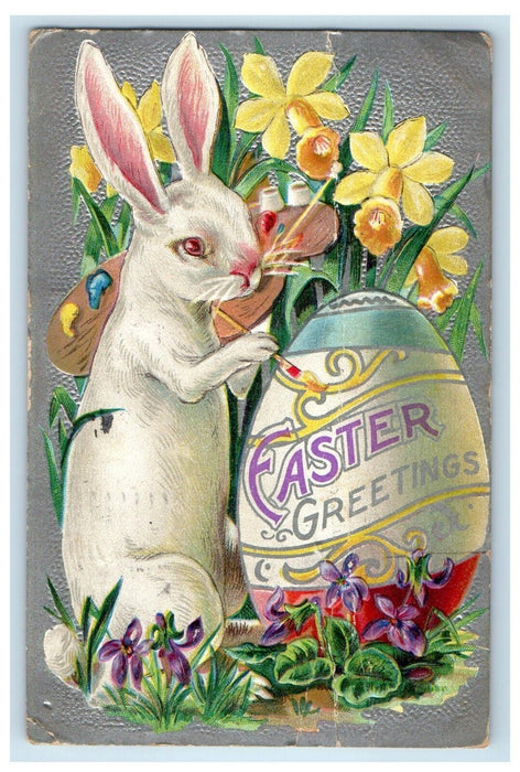 1911 Easter Greetings Rabbit Egg Painted Yellow Flowers Embossed Postcard
