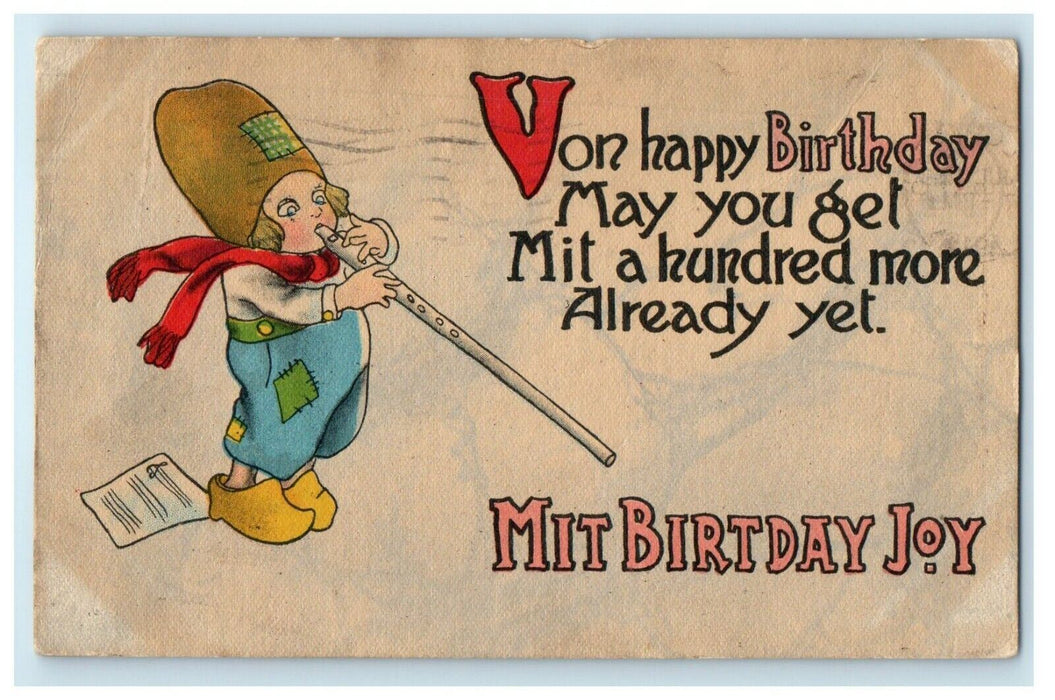 1915 Greetings Von Birthday Mit Joy Dutch Boy Playing Flute Antique Postcard